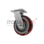 Rodaja giratoria de 6", rueda poliuretano con balero de rodillos y buje. Acabado galvanizado. Servicio medio pesado