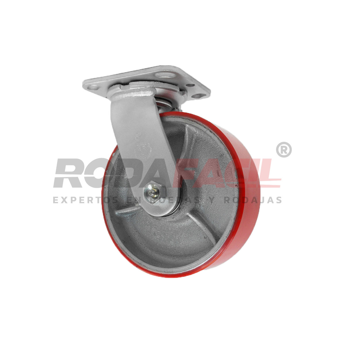 Rodaja giratoria de 6", rueda de Fierro/Poliuretano con balero de rodillos y buje. Acabado galvanizado. Servicio medio pesado