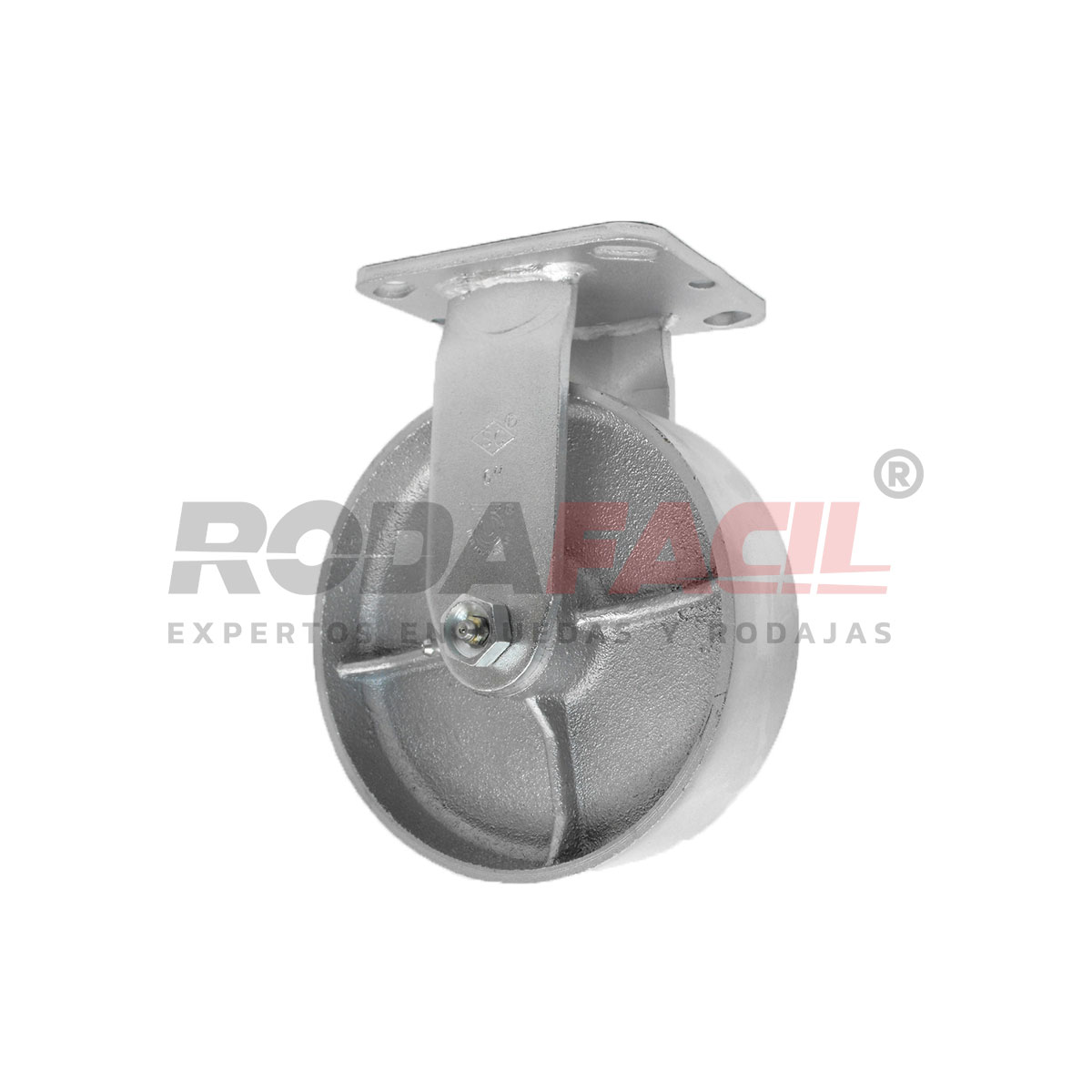 Rodaja Fija de 6", rueda de fierro con balero de rodillos y buje. Acabado galvanizado. Servicio medio pesado