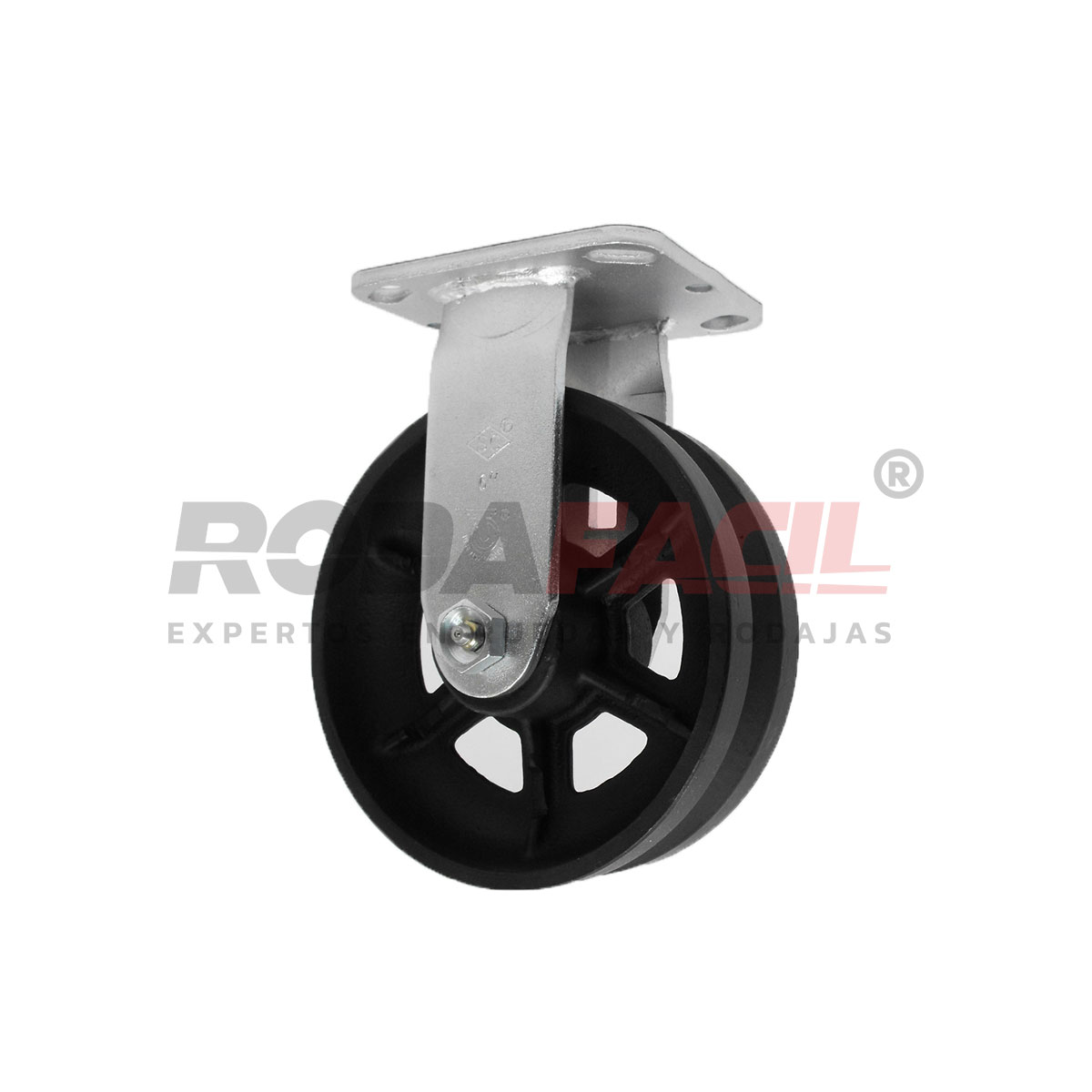 Rodaja Fija de 6", rueda de fierro en canal, con balero de rodillos y buje. Acabado galvanizado. Servicio medio pesado