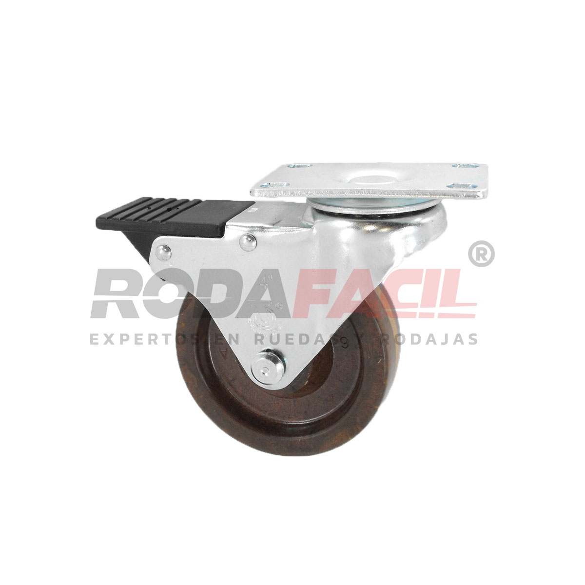 Rodaja giratoria de 4", rueda fenólica alta temperatura con freno frontal total, servicio medio ligero