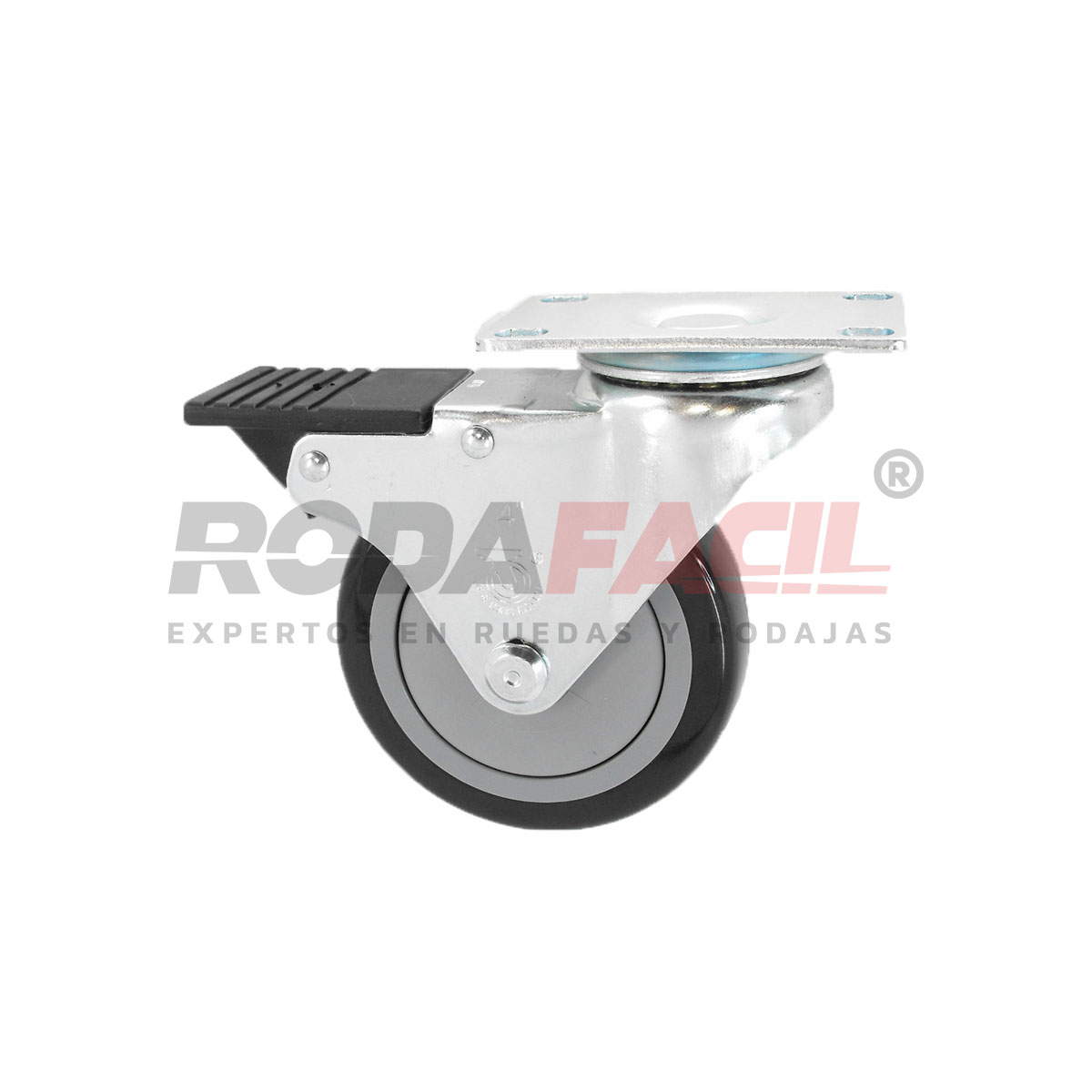 Rodaja giratoria de 4", rueda de poliuretano con freno frontal total, servicio medio ligero