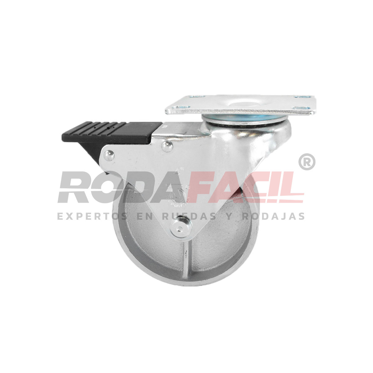 Rodaja giratoria de 4", rueda de fierro con freno frontal total, servicio medio ligero